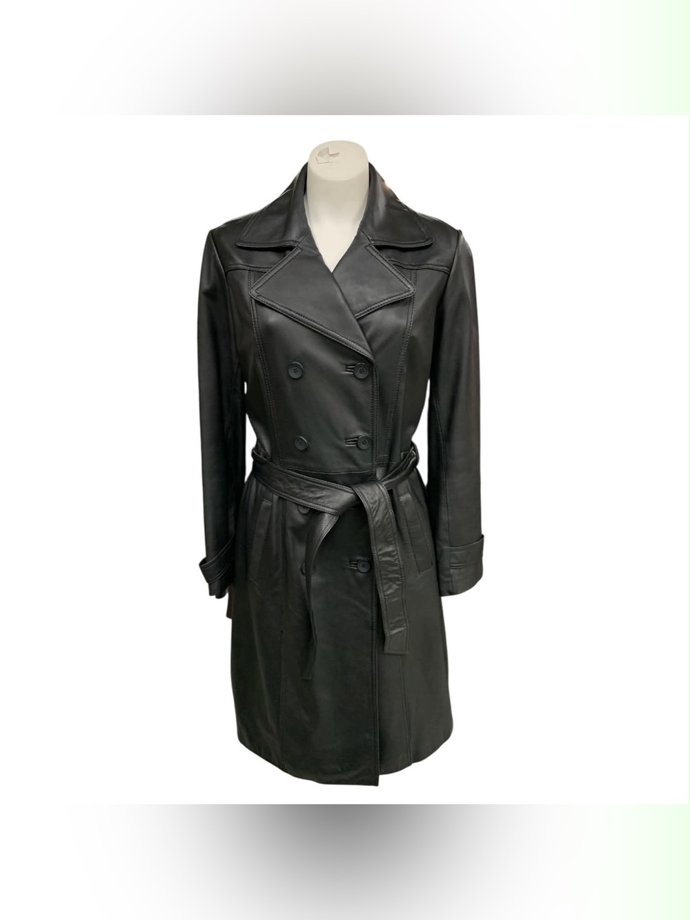 Danier Black Leather Double-Breasted Trench Coat with Belt Size XS